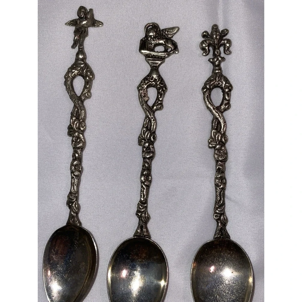 Set of 7 Montagnani Style Italy Stamped Figural Demitasse‎ Spoons Ornate Vintage